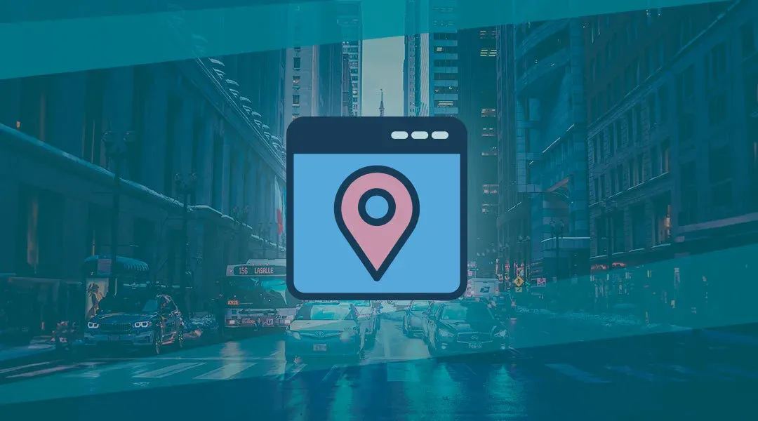 épingle de géolocalisation dans une fenêtre de navigateur, au-dessus d’une rue de ville