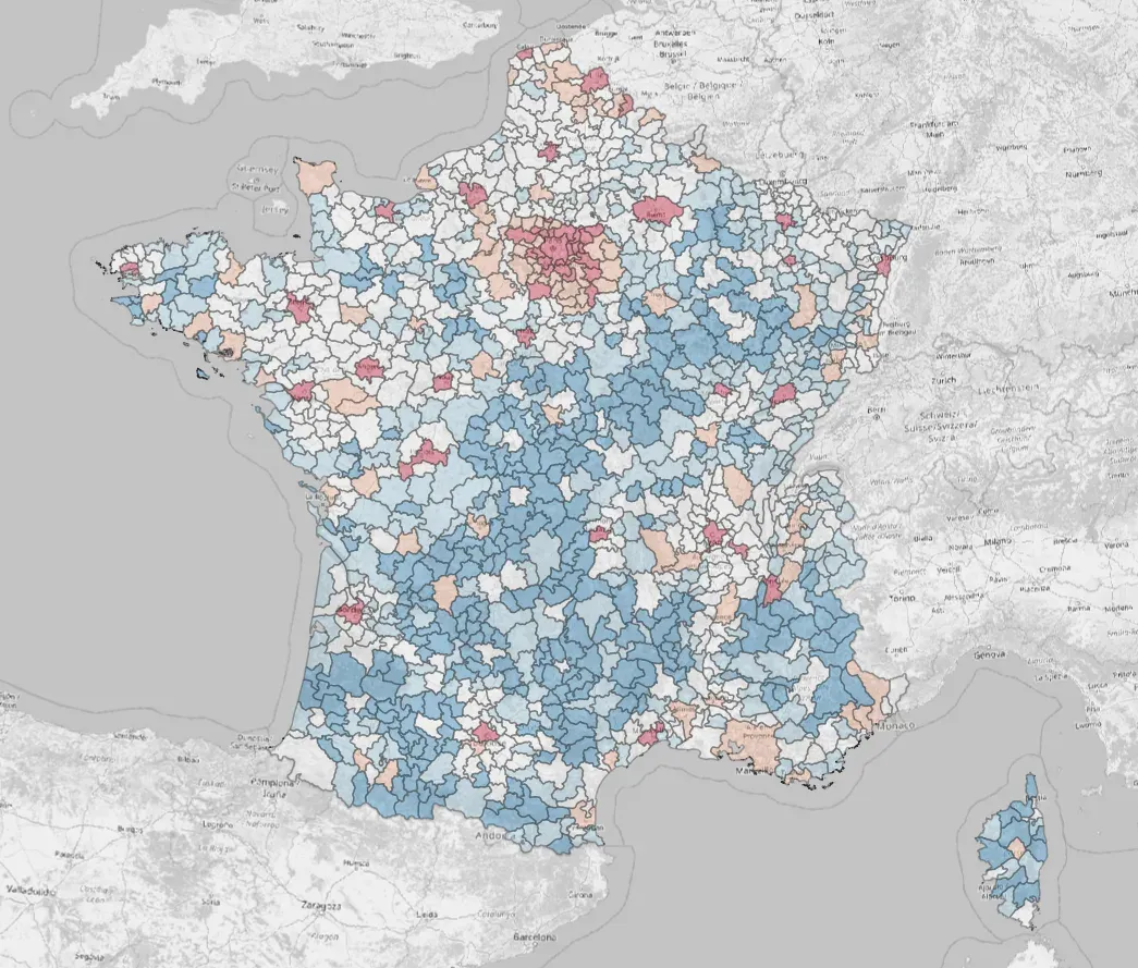 carte de France dont les territoires sont colorés par intensité