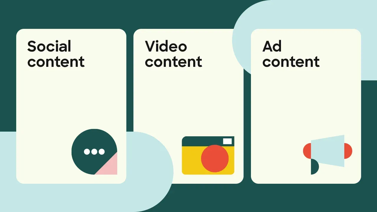 trois cartes : social content, video content et ad content
