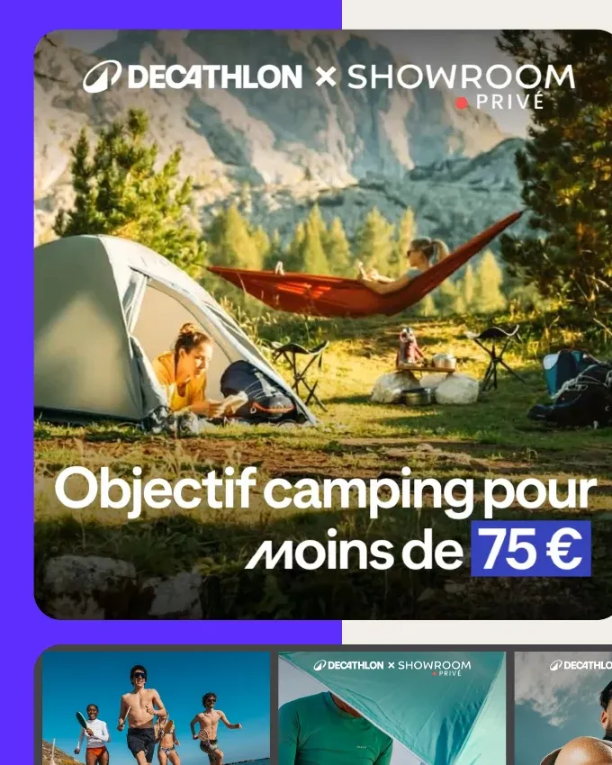 Déclinaisons de l'opération Decathlon × Showroomprivé : bannières camping et plage.