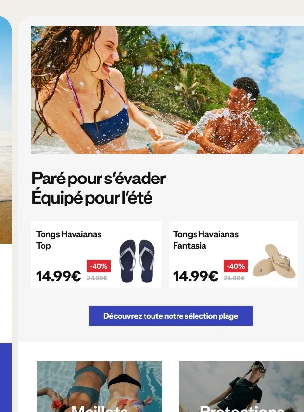 Bloc CRM « Paré pour s'évader, équipé pour l'été » avec sa sélection de produits.
