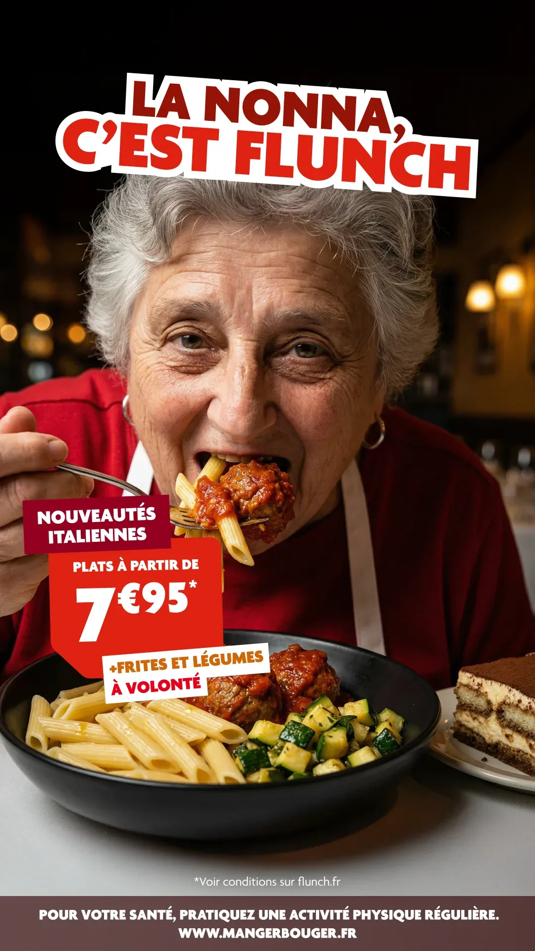 Créa Flunch pour YouTube Shorts « La Nonna, c'est Flunch » : les nouveautés italiennes, plats à partir de 7,95 €.