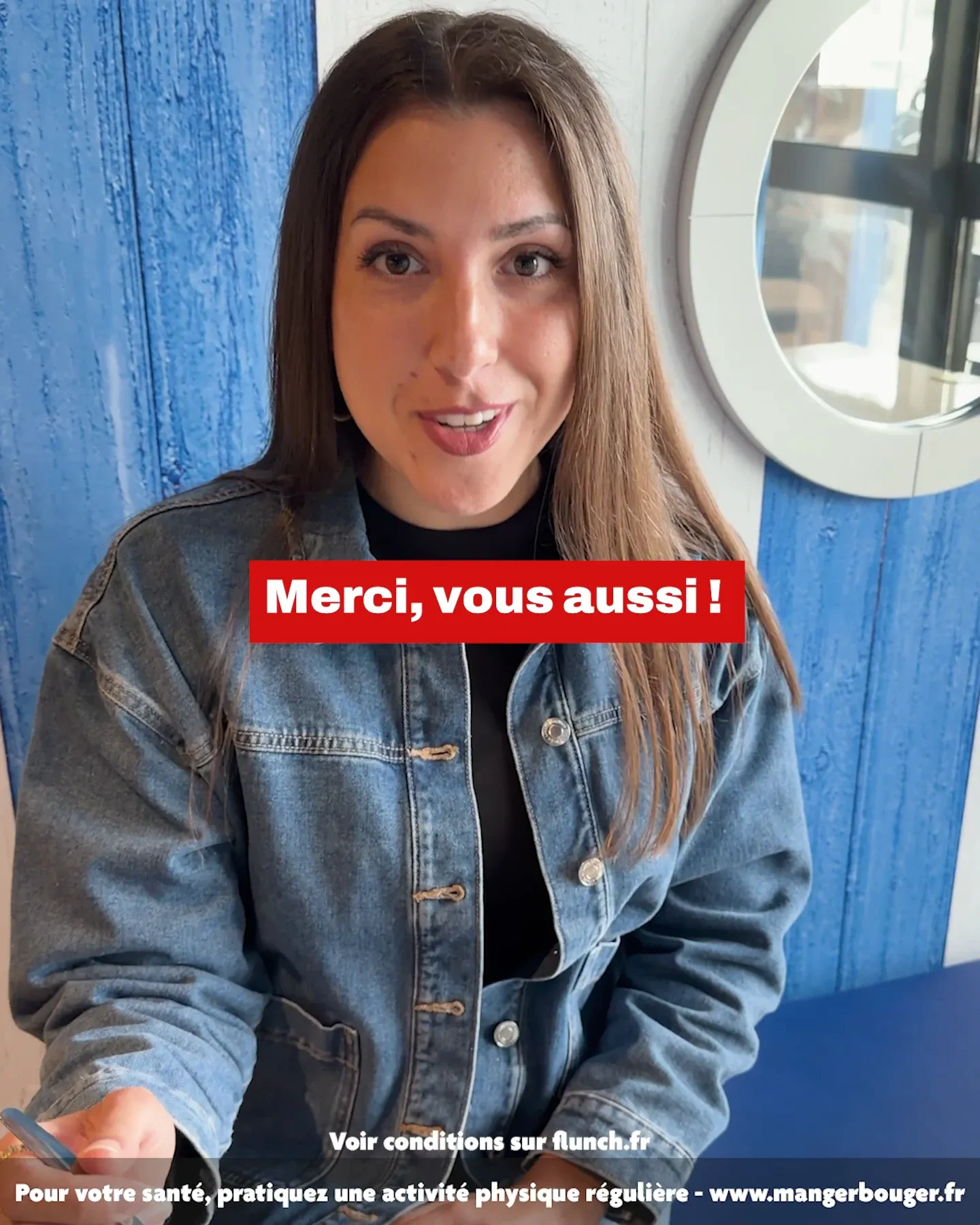 Créa vidéo Flunch au format story : une femme face caméra, « Merci, vous aussi ! ».