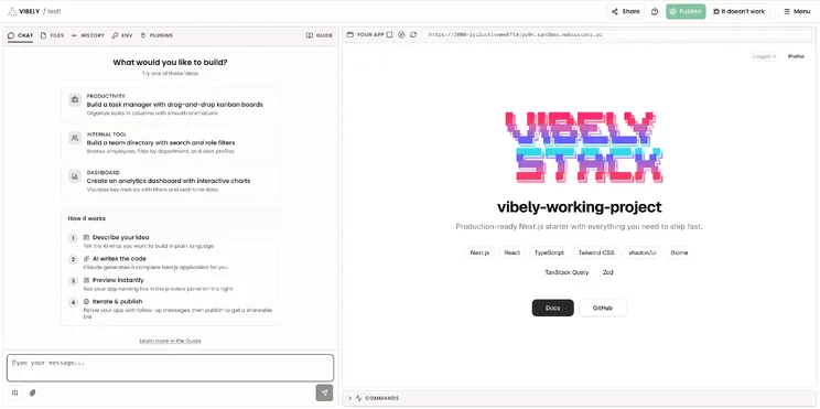 L'interface de Vibely : le chat de description du projet à gauche, la prévisualisation en temps réel de l'application générée à droite.