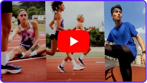 Trois plans de coureurs produits pour Decathlon à partir de visuels statiques : étirements au sol sur une piste, course à deux, échauffement en extérieur. Vignette de la vidéo de démonstration.