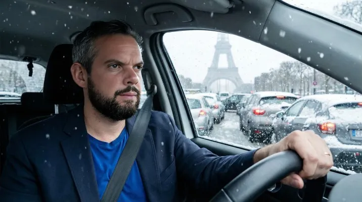 Thomas Fagot, CEO de Mobsuccess, au volant dans les embouteillages sous la neige, la tour Eiffel en arrière-plan. Image générée avec JingleGen.