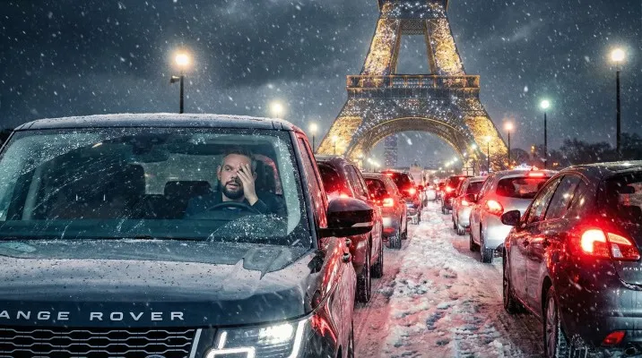 La même scène en plan large : la file de voitures immobilisées remonte jusqu'à la tour Eiffel illuminée, le CEO toujours coincé dedans.