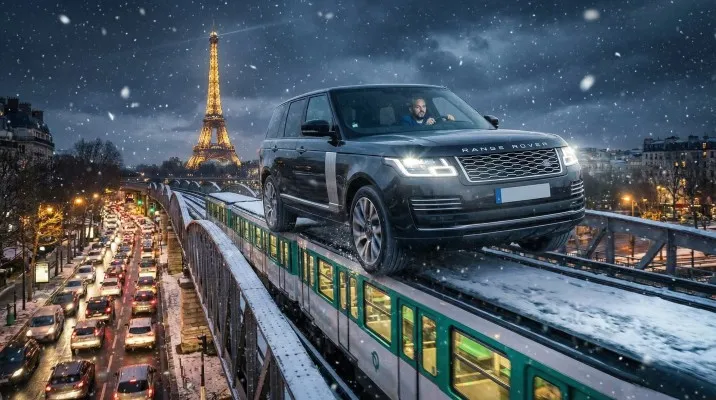 La série bascule dans l'absurde : son 4x4 roule sur le toit d'une rame de métro aérien, au-dessus des voitures toujours bloquées.