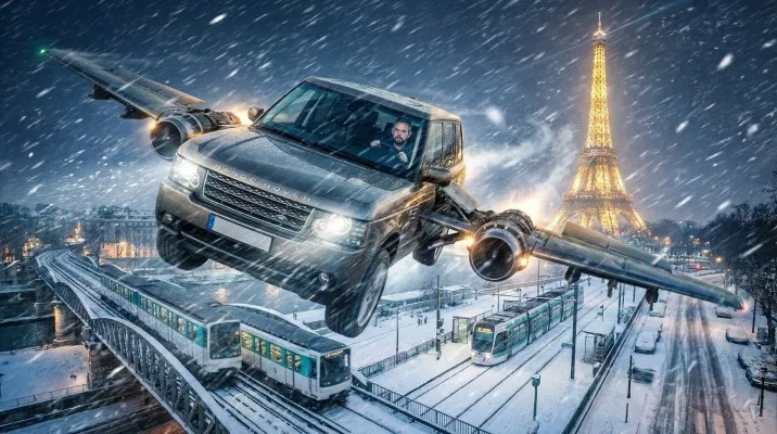Le 4x4 a maintenant des ailes et des réacteurs, et survole les rames de métro dans la nuit enneigée.
