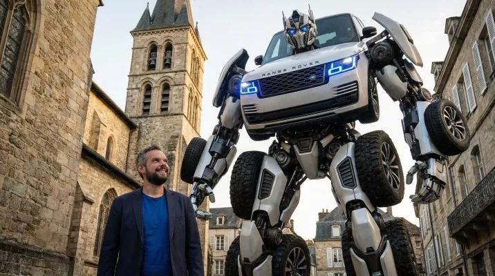 Le 4x4 s'est mué en robot géant qui domine une ruelle, sous le regard de Thomas Fagot resté au sol.