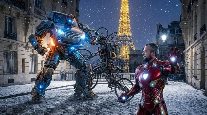 Fin de la série : Thomas Fagot, en armure de super-héros, fait face au robot dans une rue parisienne sous la neige.