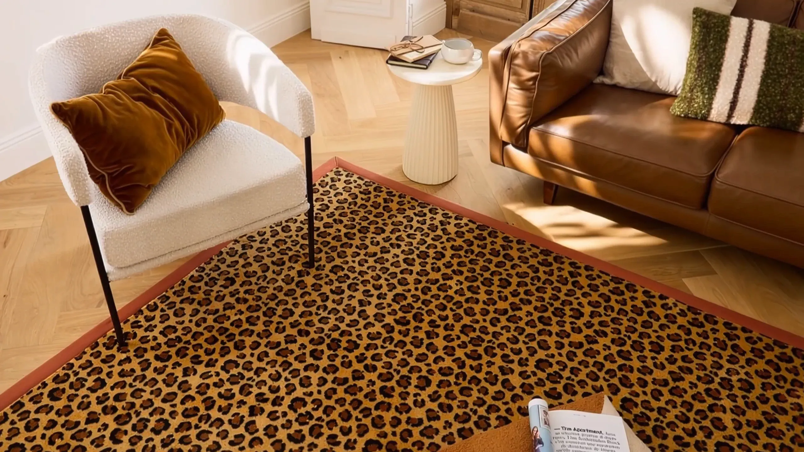 AI-assisted creative: a leopard-print rug staged in a living room, with no shoot.