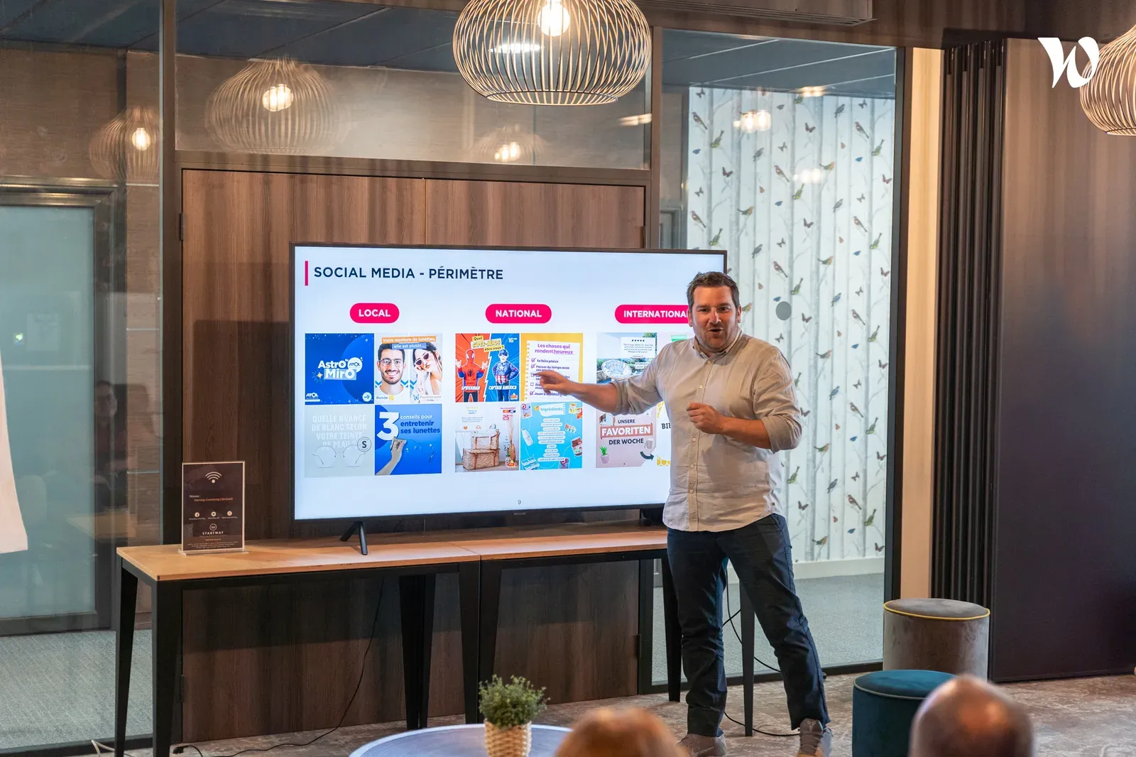 présentation d’un périmètre social media local, national et international devant un écran