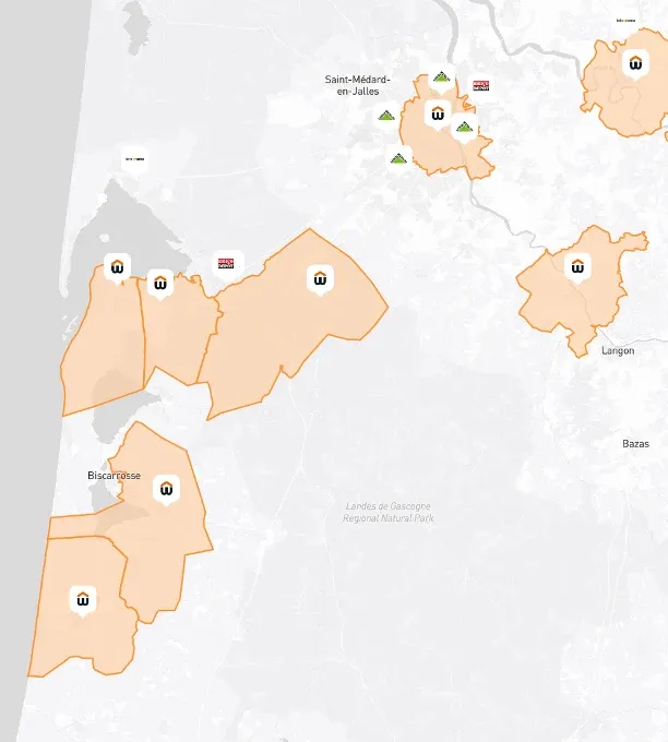 Map of the catchment areas modelled around several Weldom stores, between Biscarrosse and Langon.